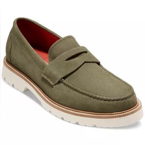 Cole Haan Olive Green Suede Penny Loafers with White Sole